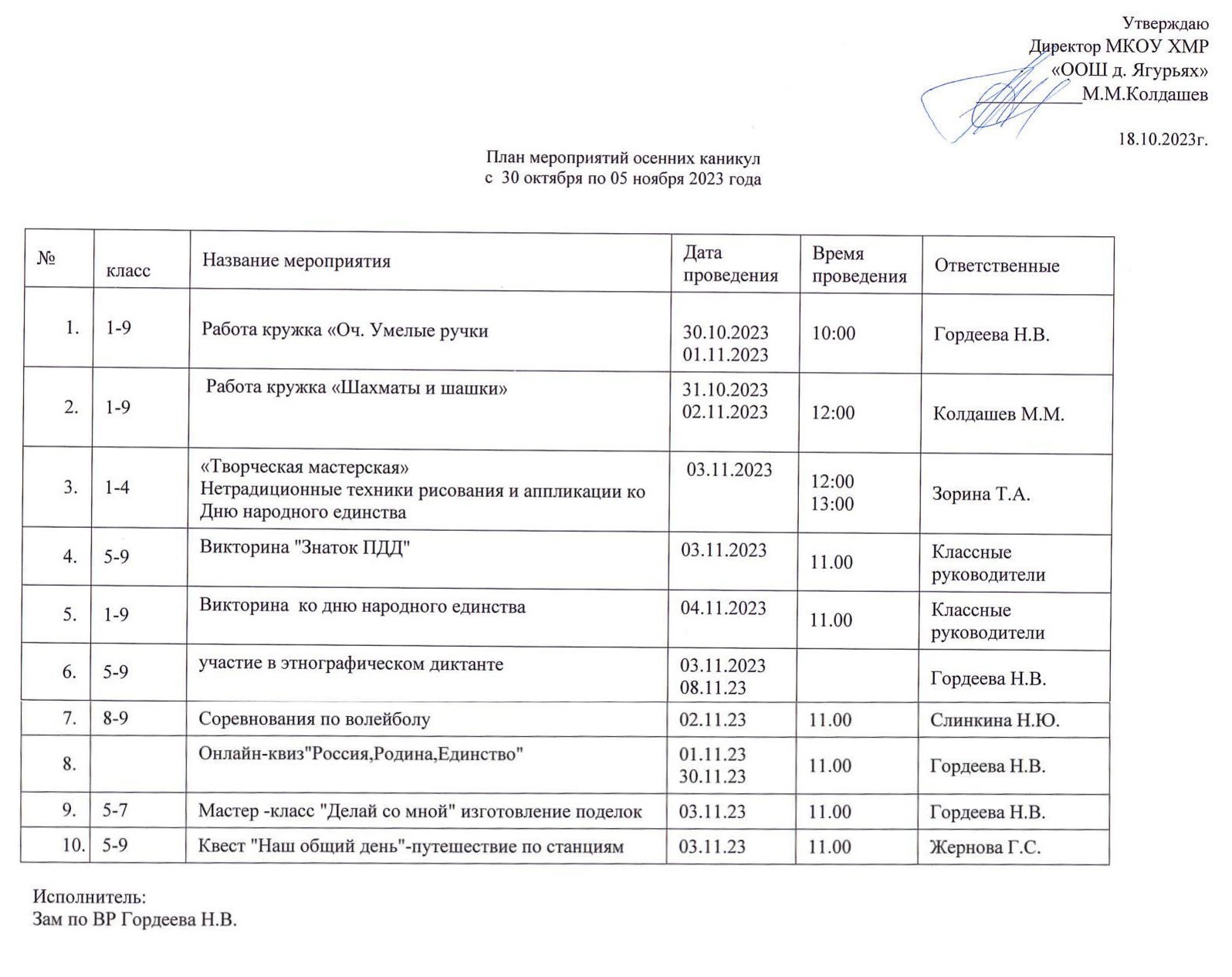 План мероприятий осенних каникул.